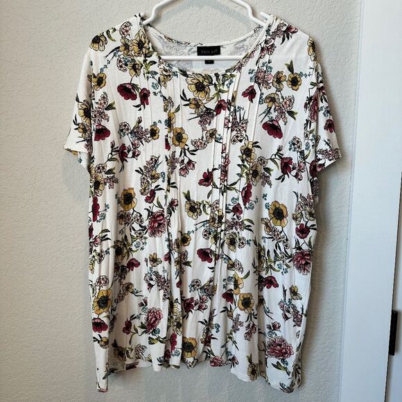 J. Jill Wearever Stretchy Jersey Knit White Floral Short Sleeve Casual Blouse XL - Picture 1 of 7